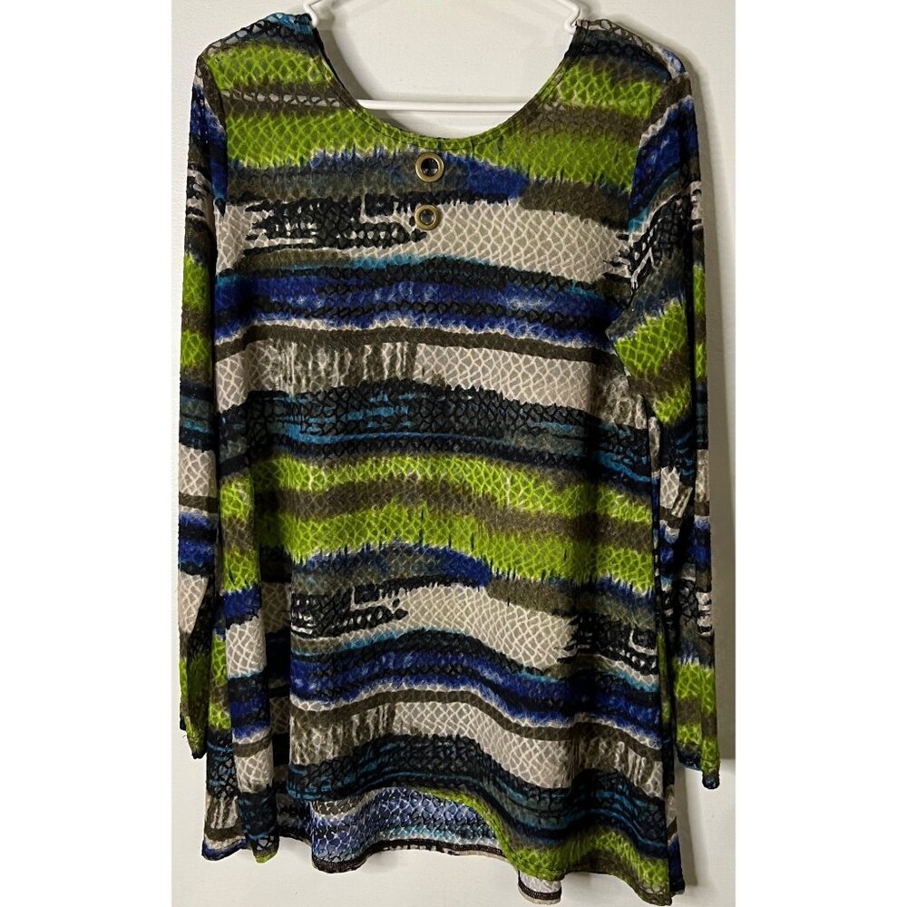 Max & Rina Long-Sleeve Multicolor Printed Top Button Detail Scoop Neckline Large